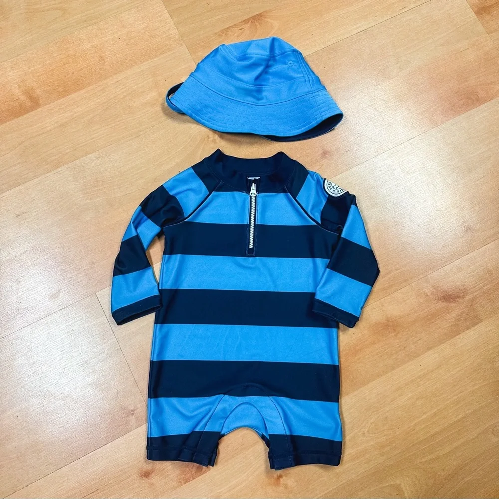 Baby Gap Blue & Navy Striped Rashguard & Bucket Hat Swim Set Baby Size 6-12M